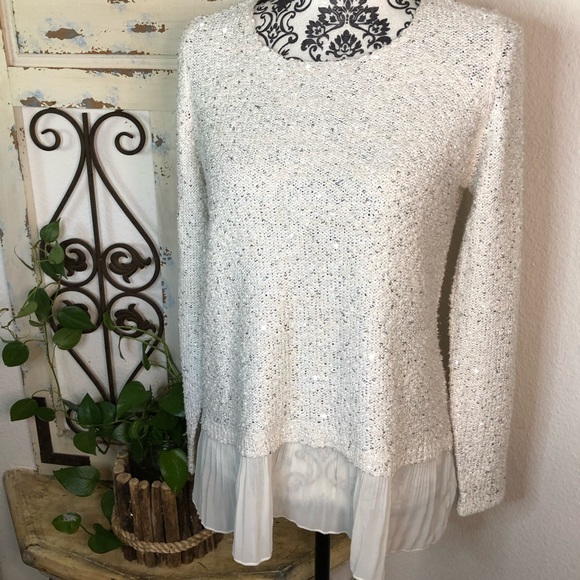 Alfani Sweaters - Alfani white sequin detail ruffle bottom sweater